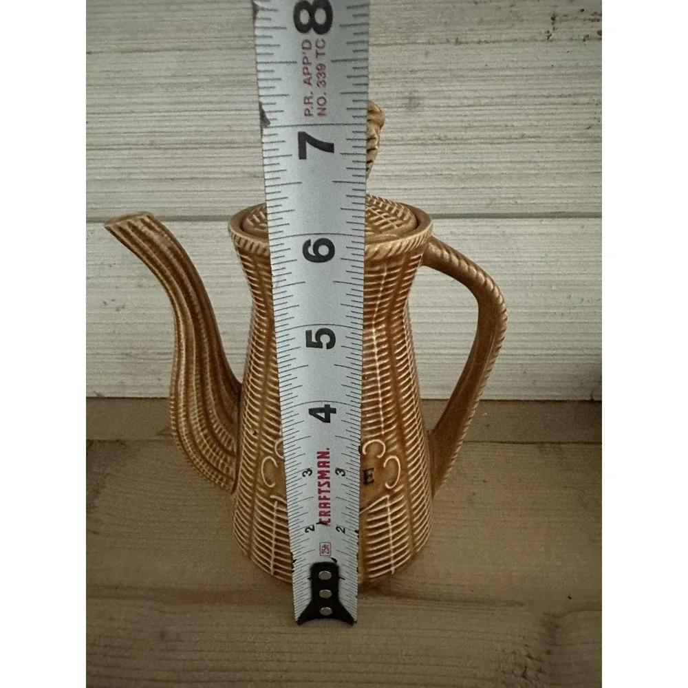 Vintage 1950s Rooster Coffee Tea Pot Basket Weave Wicker Japan Brown Ceramic